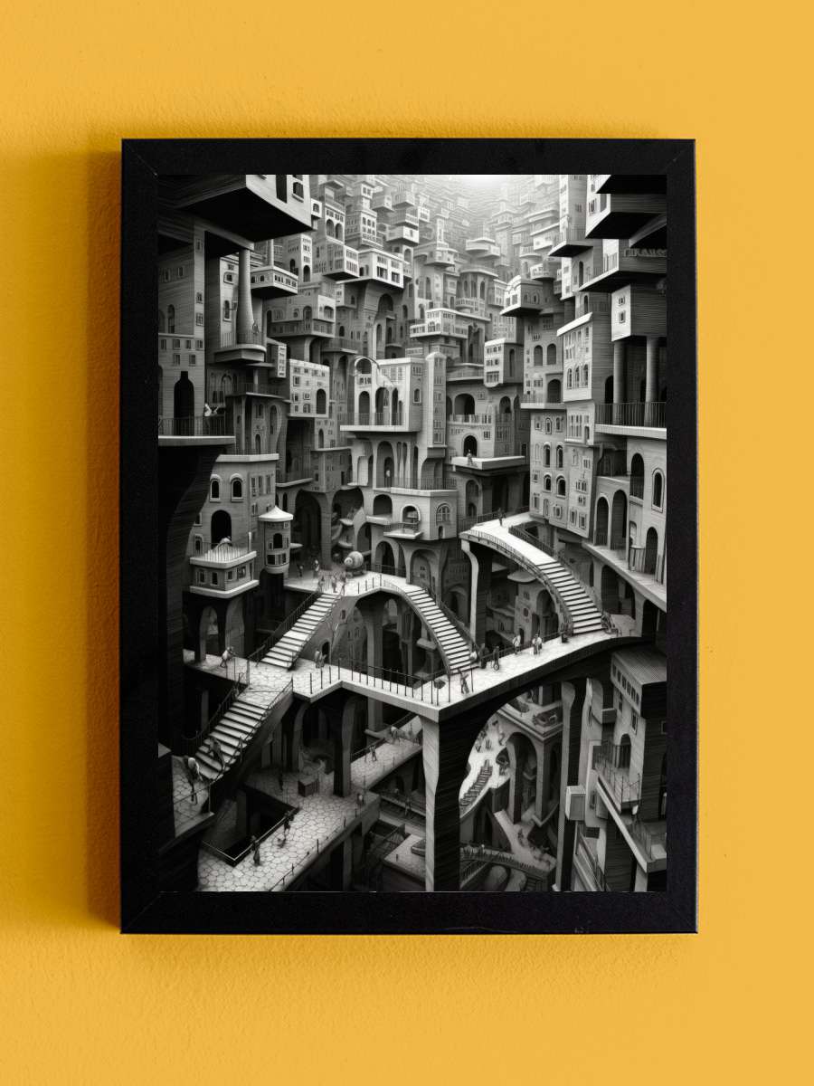 Escher style Surreal City 1 Sanatsal Modern Tablo Siyah Çerçeveli Poster Modern Duvar Tablo