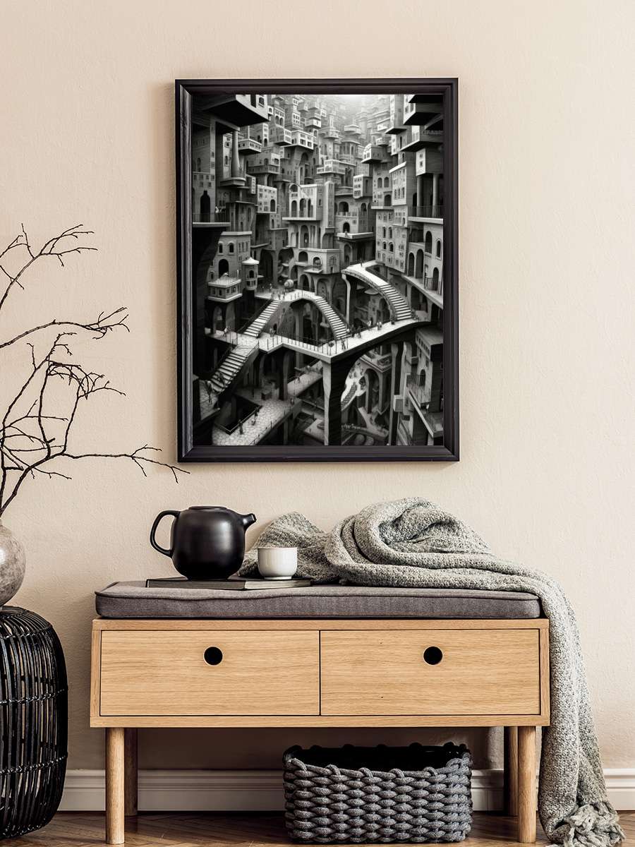 Escher style Surreal City 1 Sanatsal Modern Tablo Siyah Çerçeveli Poster Modern Duvar Tablo