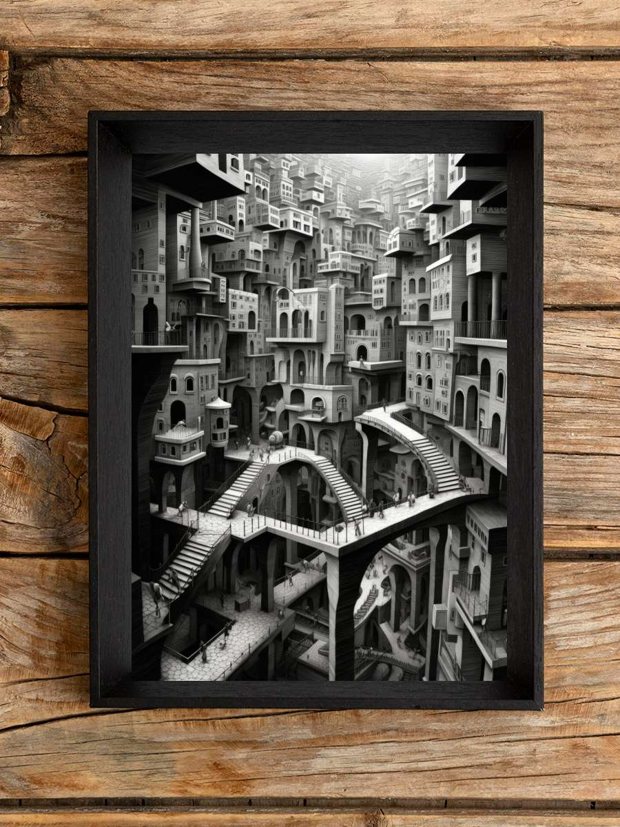 Escher style Surreal City 1 Sanatsal Modern Tablo Siyah Çerçeveli Poster Modern Duvar Tablo