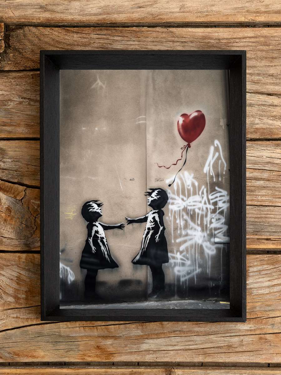 Two girls and a Balloon ,… , Banksy style Sanatsal Modern Tablo Siyah Çerçeveli Poster Modern Duvar Tablo