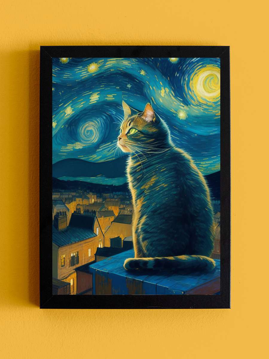 starry night cat Sanatsal Modern Tablo Siyah Çerçeveli Poster Modern Duvar Tablo