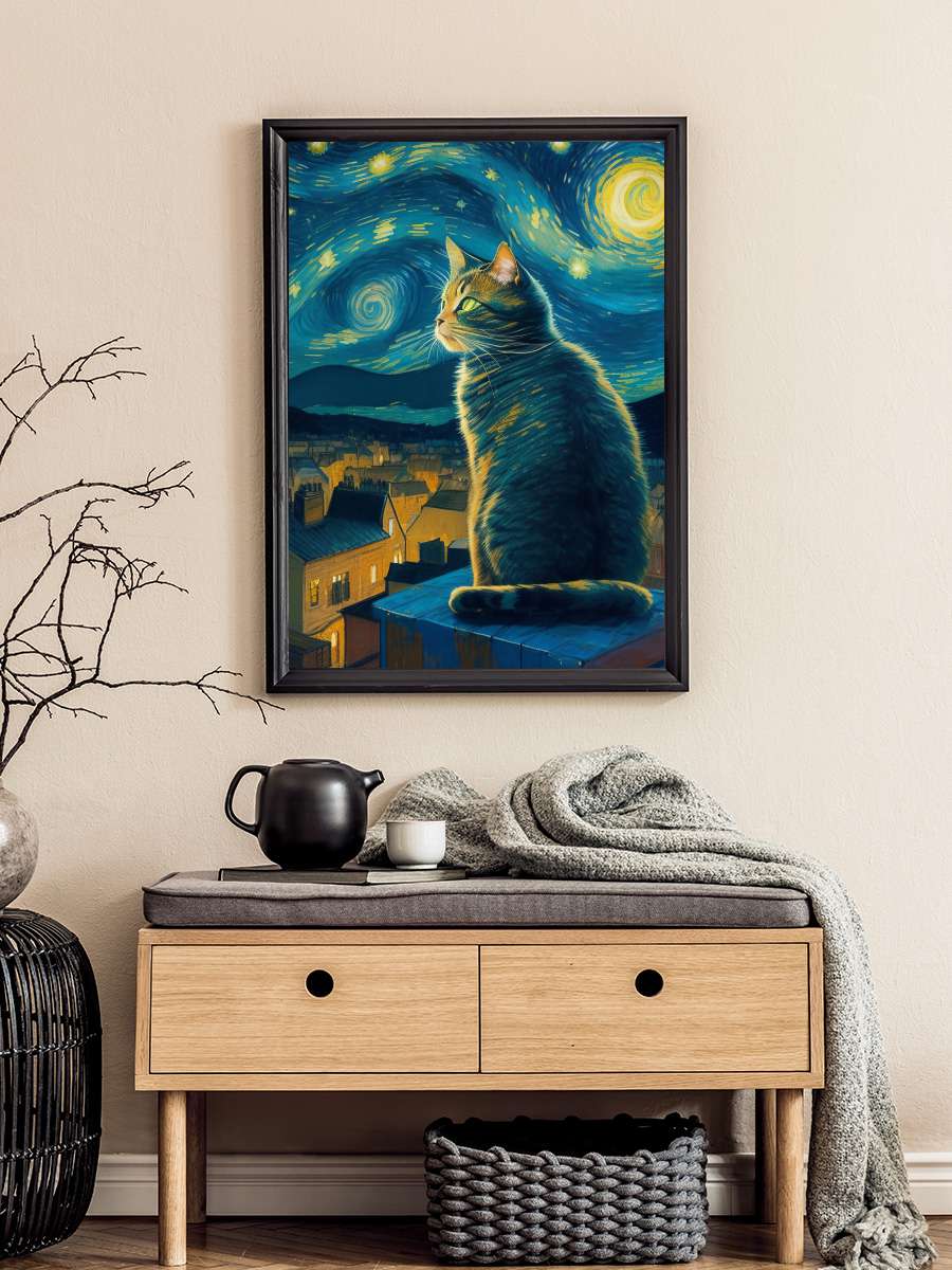 starry night cat Sanatsal Modern Tablo Siyah Çerçeveli Poster Modern Duvar Tablo