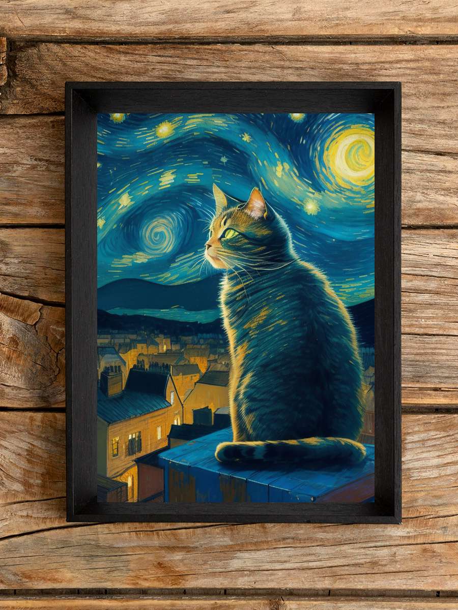 starry night cat Sanatsal Modern Tablo Siyah Çerçeveli Poster Modern Duvar Tablo