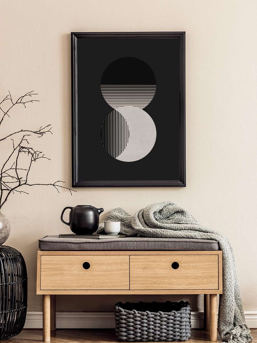 Circle Sun & Moon BW Sanatsal Modern Tablo Siyah Çerçeveli Poster Modern Duvar Tablo