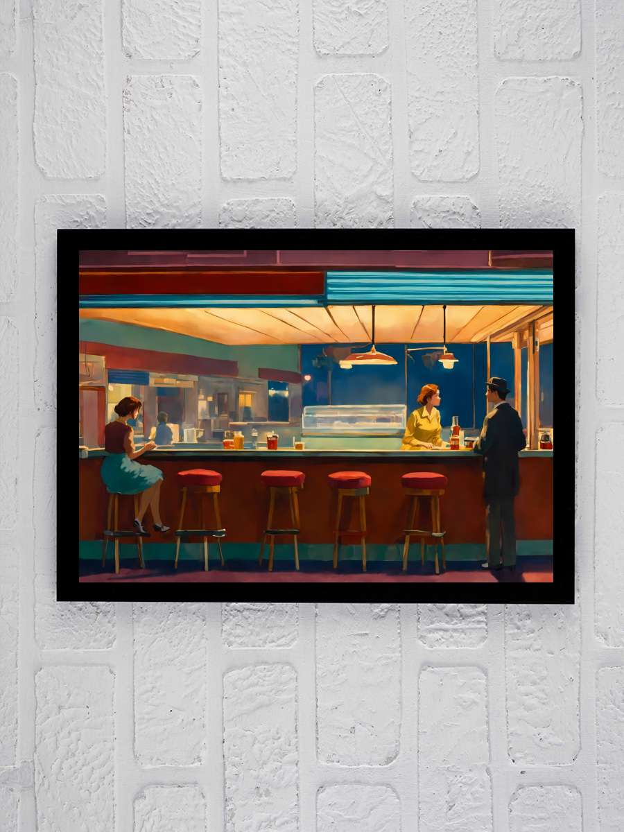 at night in the diner Sanatsal Modern Tablo Siyah Çerçeveli Poster Modern Duvar Tablo