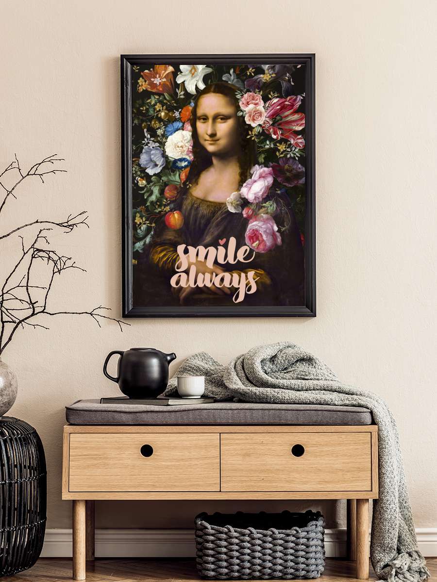 Smile Always, Mona Lisa Sanatsal Modern Tablo Siyah Çerçeveli Poster Modern Duvar Tablo