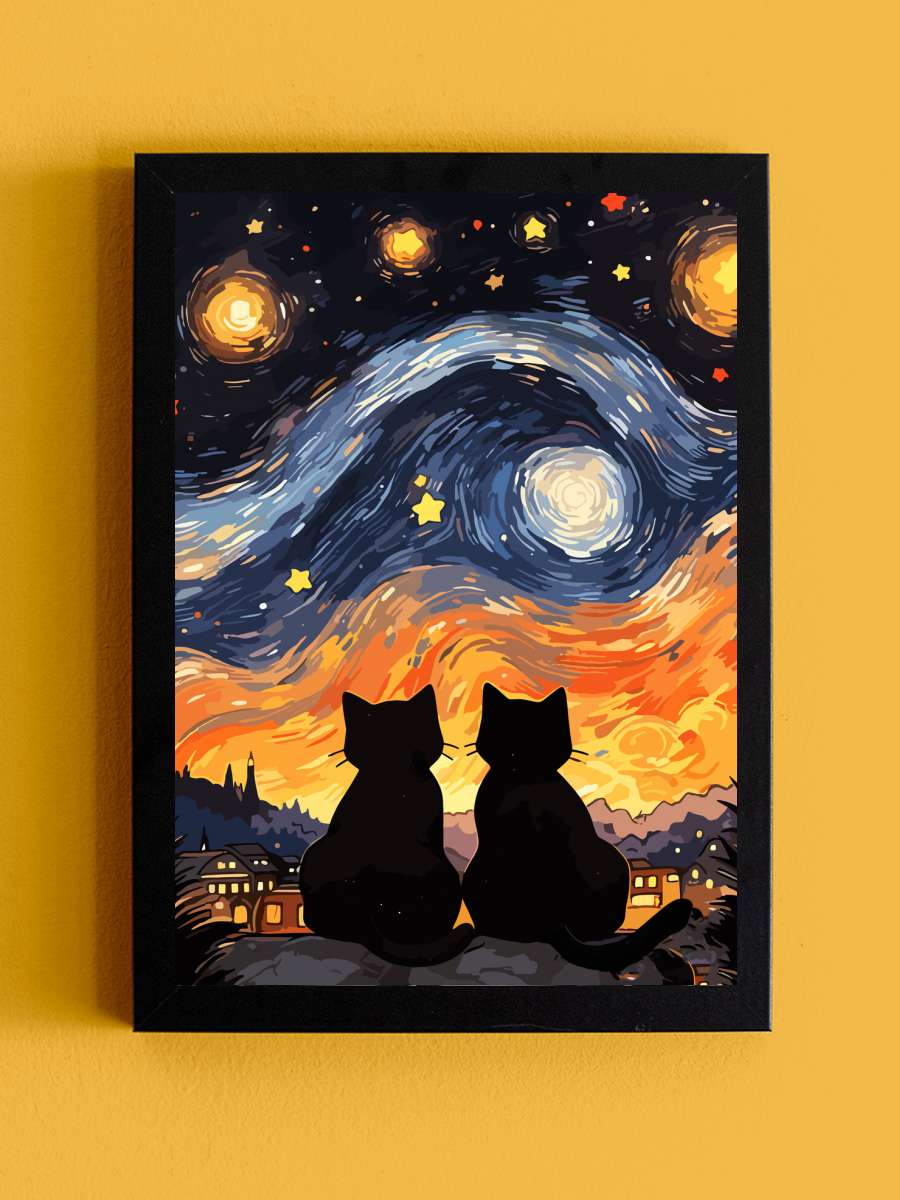 Cat night Starry Art Sanatsal Modern Tablo Siyah Çerçeveli Poster Modern Duvar Tablo