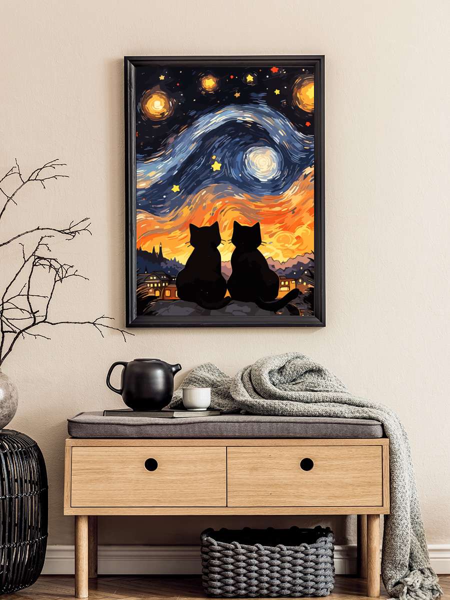 Cat night Starry Art Sanatsal Modern Tablo Siyah Çerçeveli Poster Modern Duvar Tablo