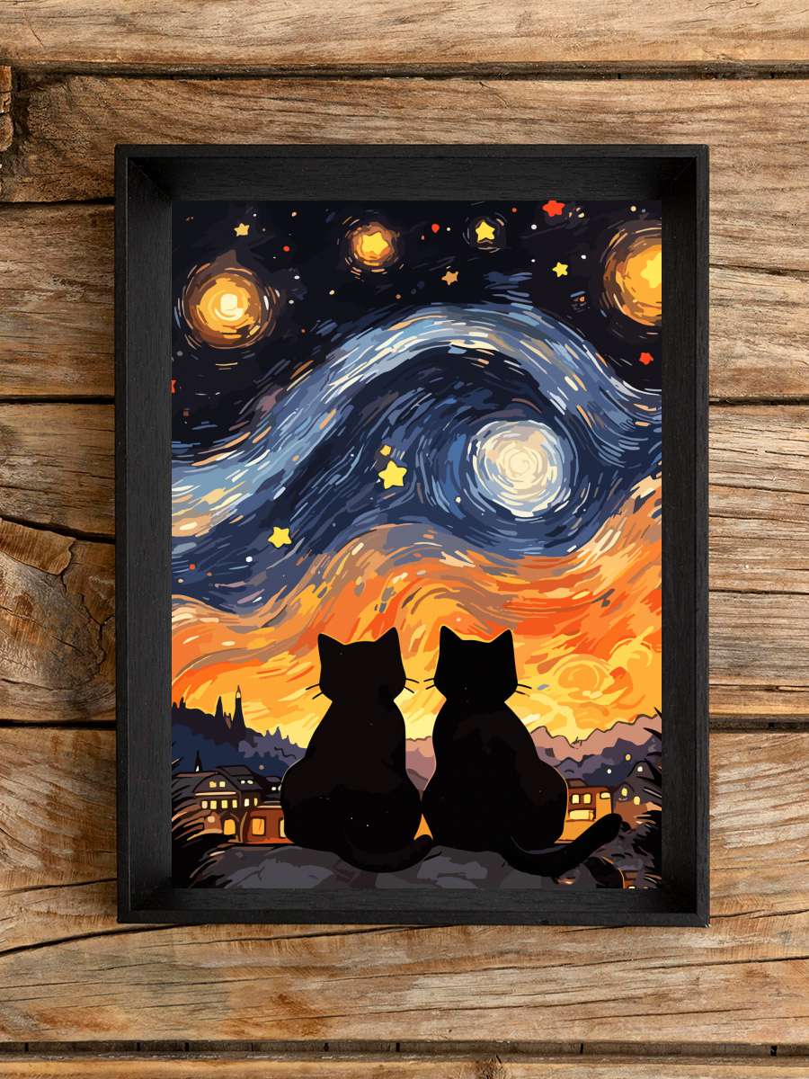 Cat night Starry Art Sanatsal Modern Tablo Siyah Çerçeveli Poster Modern Duvar Tablo