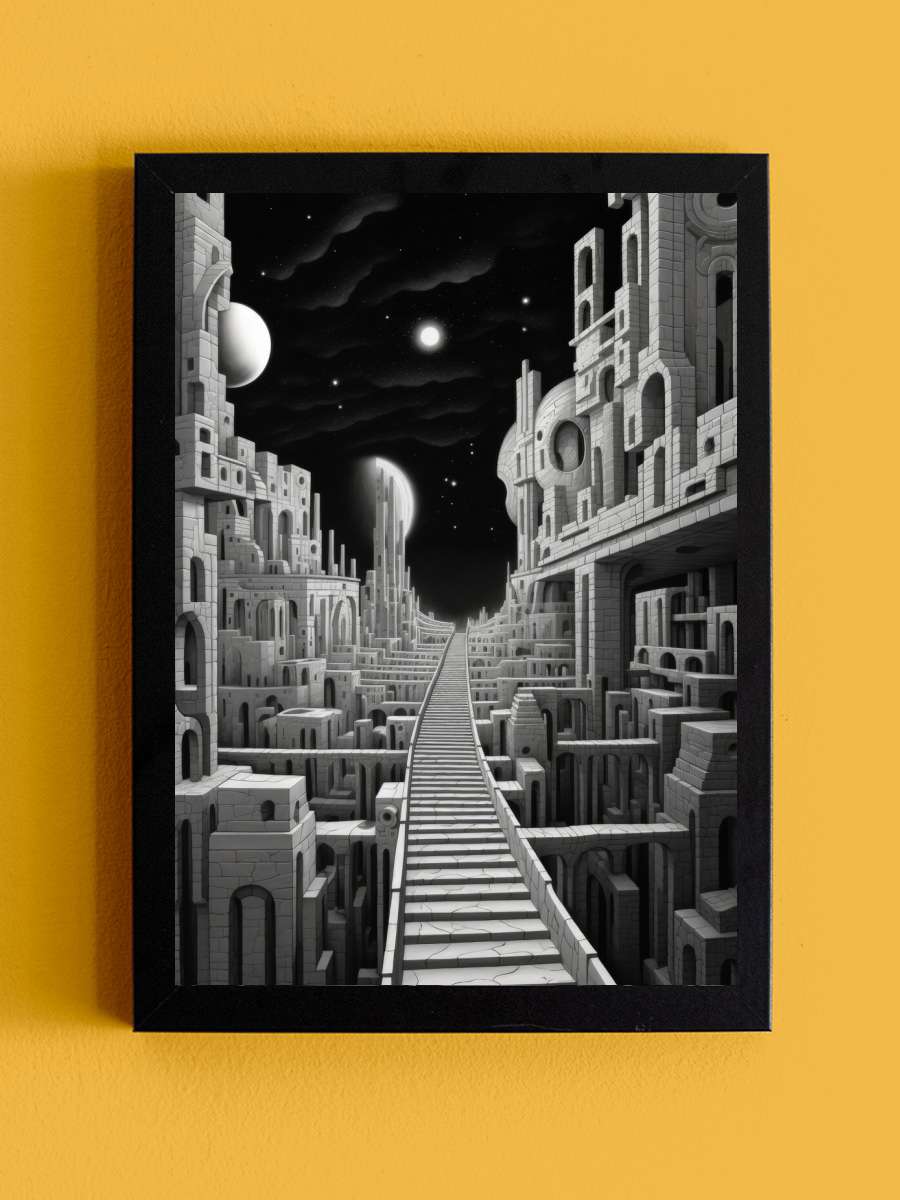 Escer Style Moon City Surreal Sanatsal Modern Tablo Siyah Çerçeveli Poster Modern Duvar Tablo