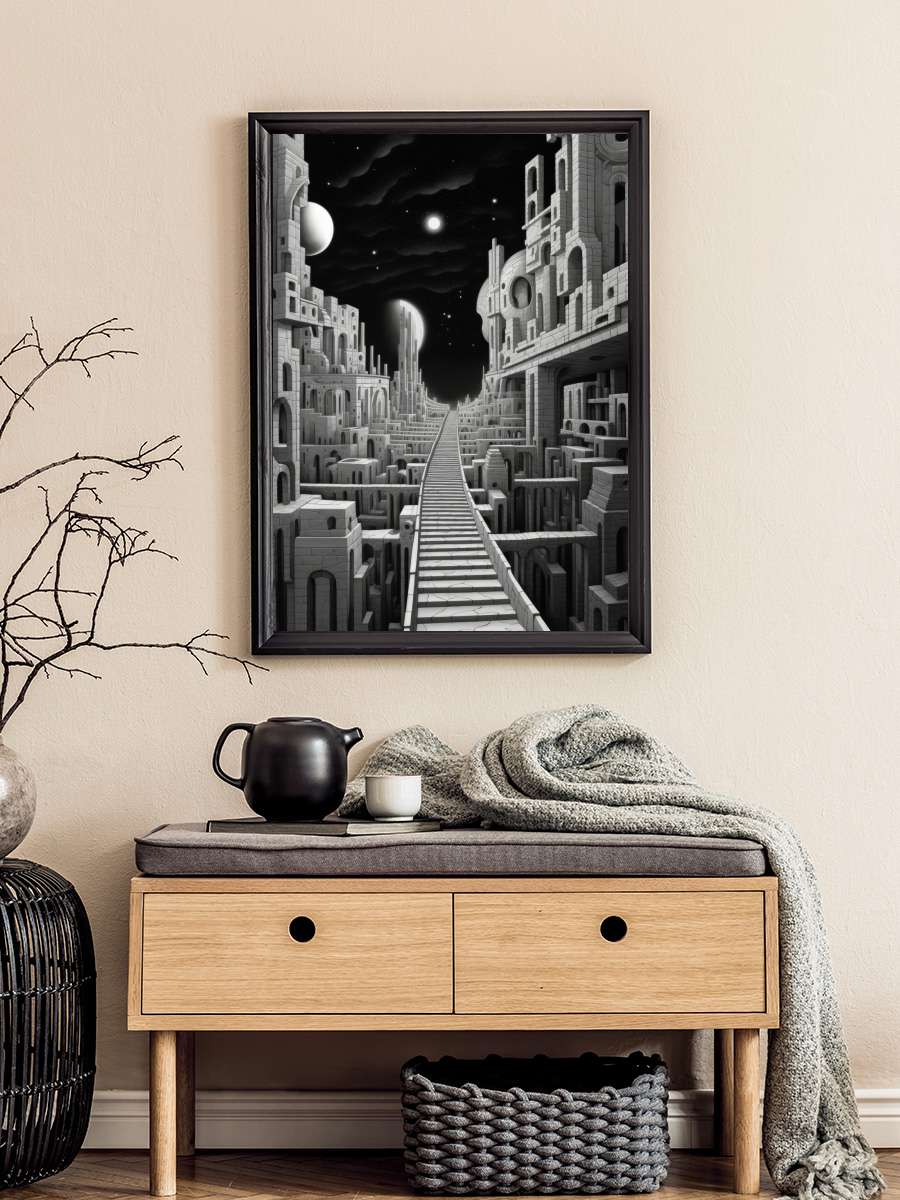 Escer Style Moon City Surreal Sanatsal Modern Tablo Siyah Çerçeveli Poster Modern Duvar Tablo