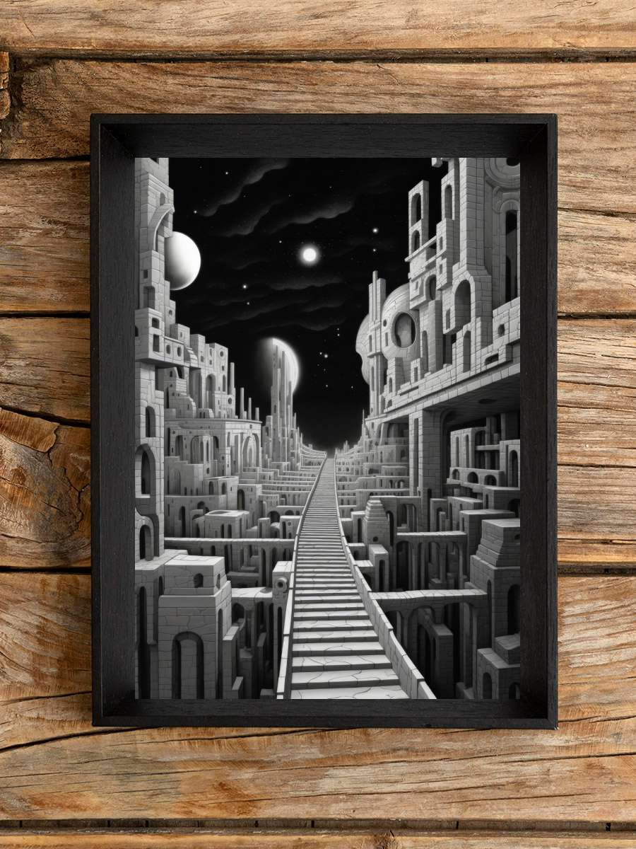 Escer Style Moon City Surreal Sanatsal Modern Tablo Siyah Çerçeveli Poster Modern Duvar Tablo