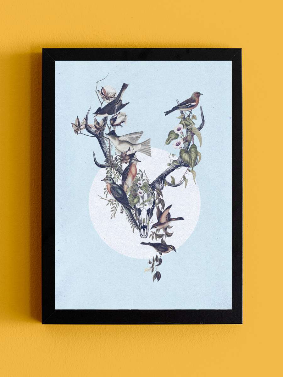 deer and birds Sanatsal Modern Tablo Siyah Çerçeveli Poster Modern Duvar Tablo