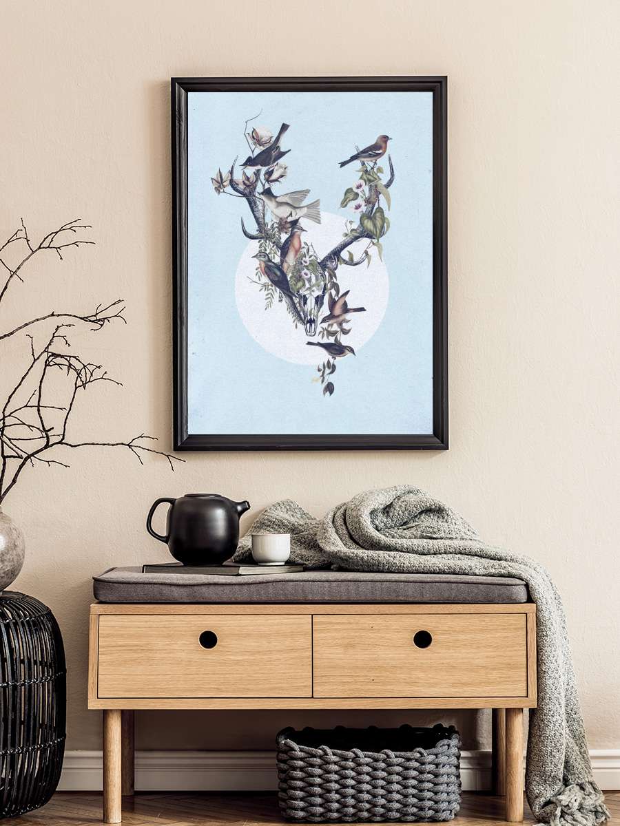 deer and birds Sanatsal Modern Tablo Siyah Çerçeveli Poster Modern Duvar Tablo