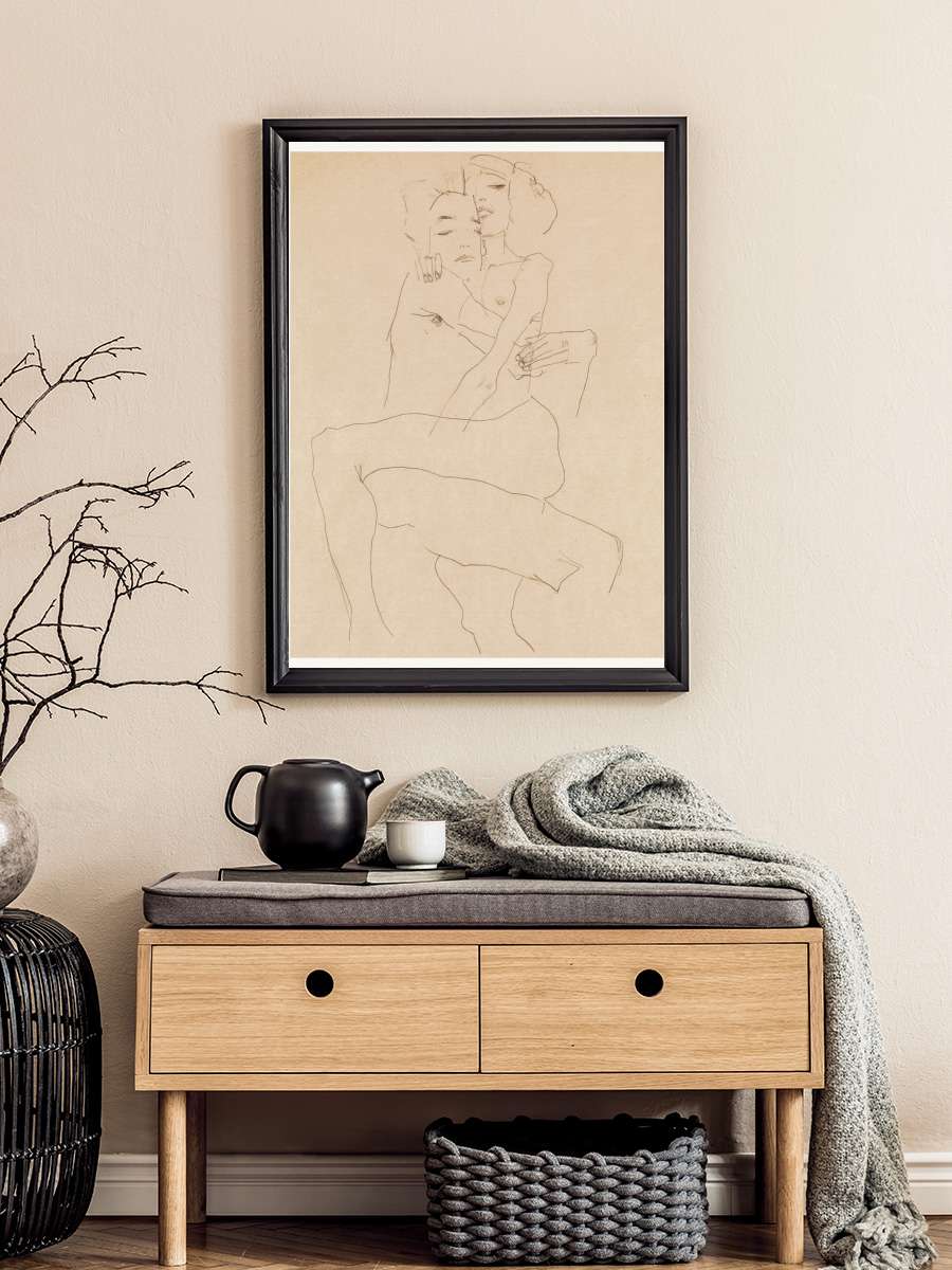 Couple Embracing (Line Drawn… Drawn Nude Sketch) - Egon… Sanatsal Modern Tablo Siyah Çerçeveli Poster Modern Duvar Tablo