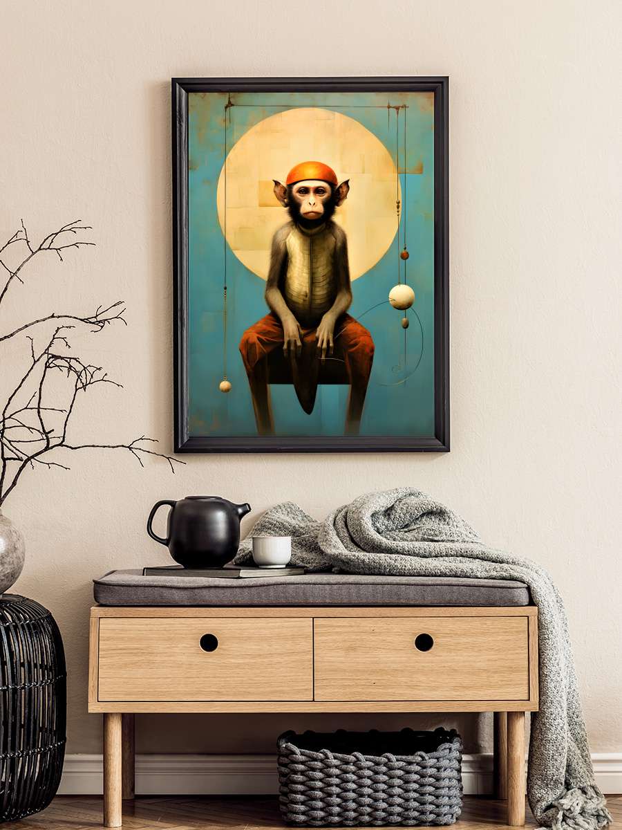 Sad Monkey in Orange Peel Hat Sanatsal Modern Tablo Siyah Çerçeveli Poster Modern Duvar Tablo