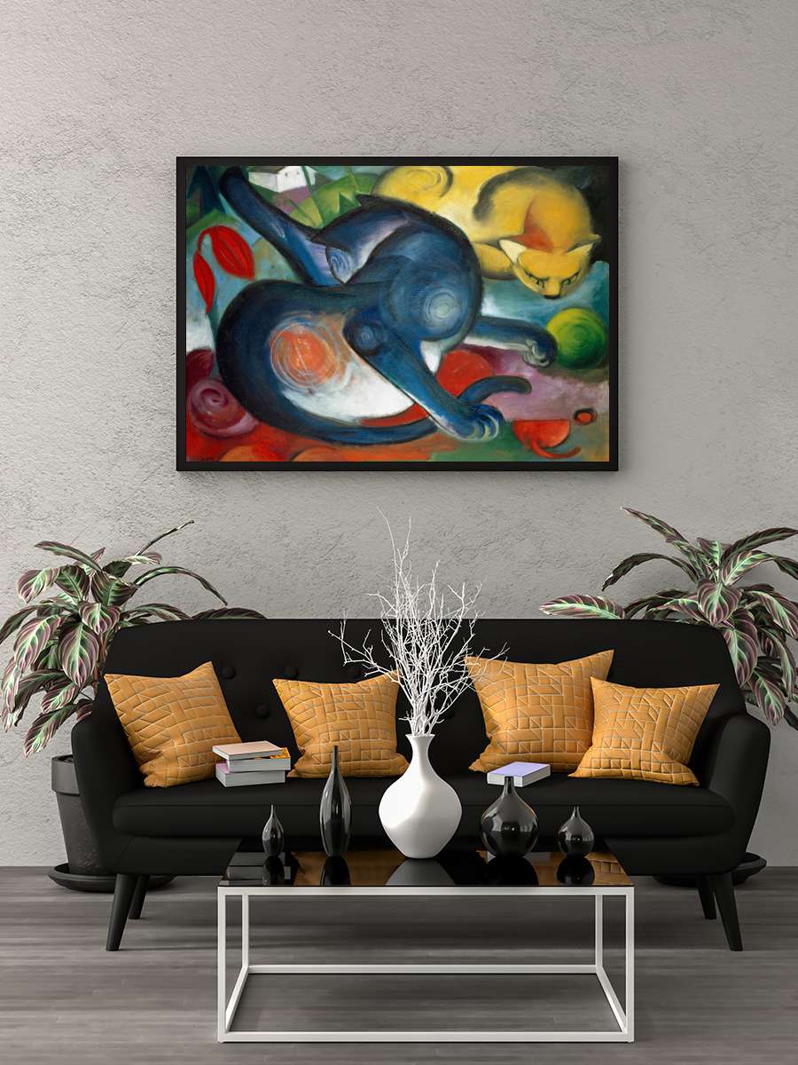 Two Cats, Blue & Yellow … (Abstract Animals / Cat) -… Sanatsal Modern Tablo Siyah Çerçeveli Poster Modern Duvar Tablo