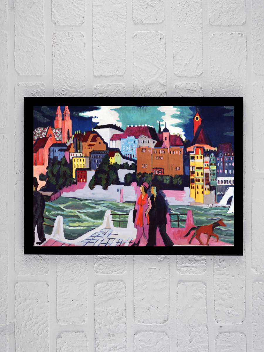 View of Basel & The Rhine … (People Walking in the City)… Sanatsal Modern Tablo Siyah Çerçeveli Poster Modern Duvar Tablo