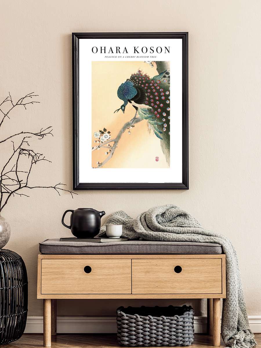 Ohara Koson - Peacock on a Cherry Blossom Tree Sanatsal Modern Tablo Siyah Çerçeveli Poster Modern Duvar Tablo