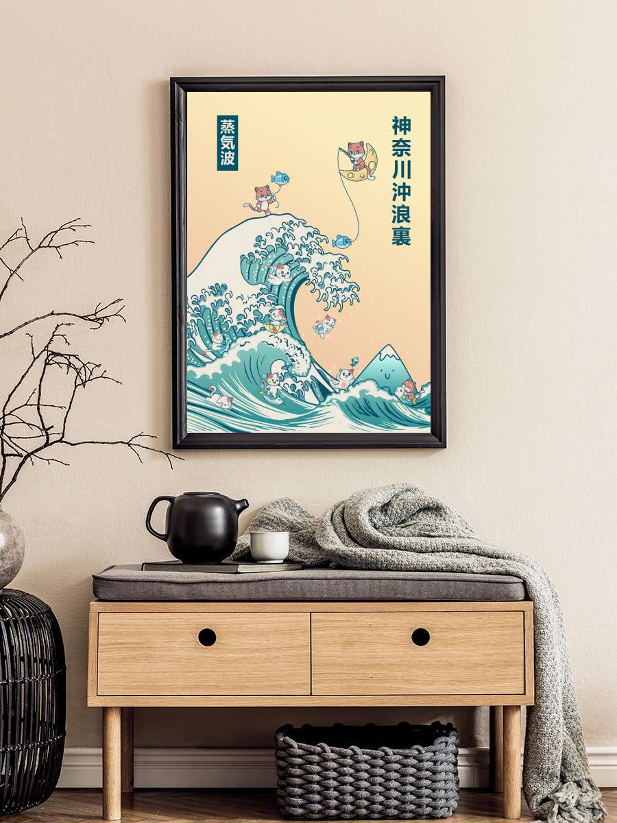 Great wave - Cute Cats Surfing Sanatsal Modern Tablo Siyah Çerçeveli Poster Modern Duvar Tablo