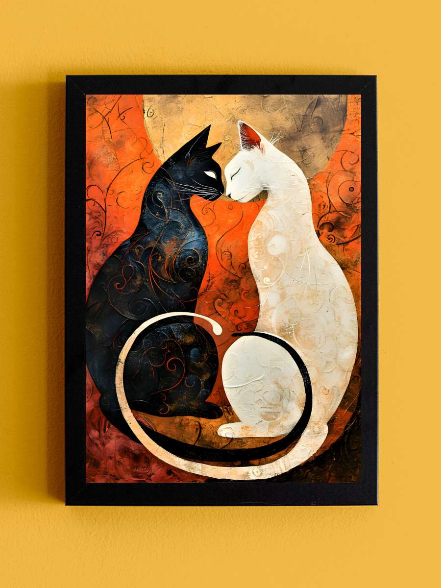 Ying-Yang Black and White Cats… Cats Wall Art Sanatsal Modern Tablo Siyah Çerçeveli Poster Modern Duvar Tablo