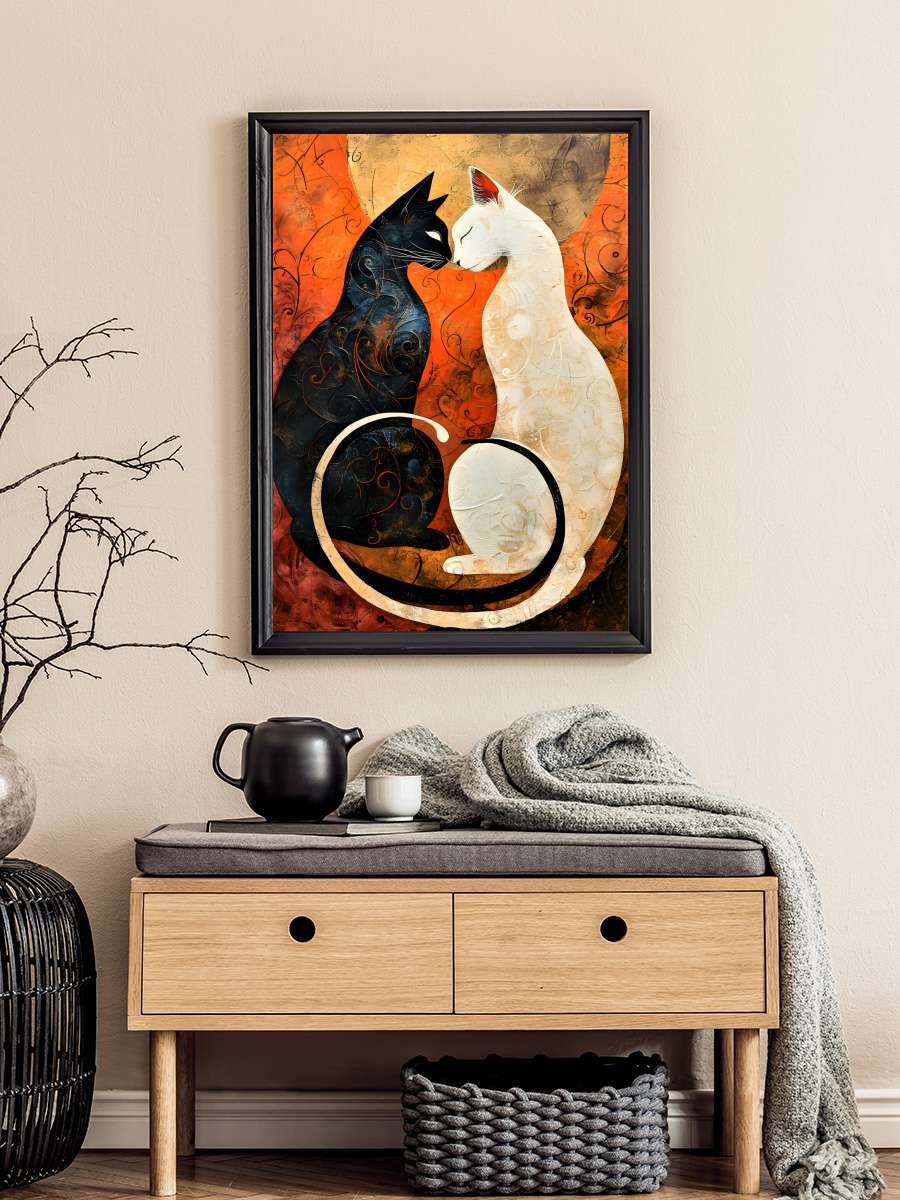 Ying-Yang Black and White Cats… Cats Wall Art Sanatsal Modern Tablo Siyah Çerçeveli Poster Modern Duvar Tablo