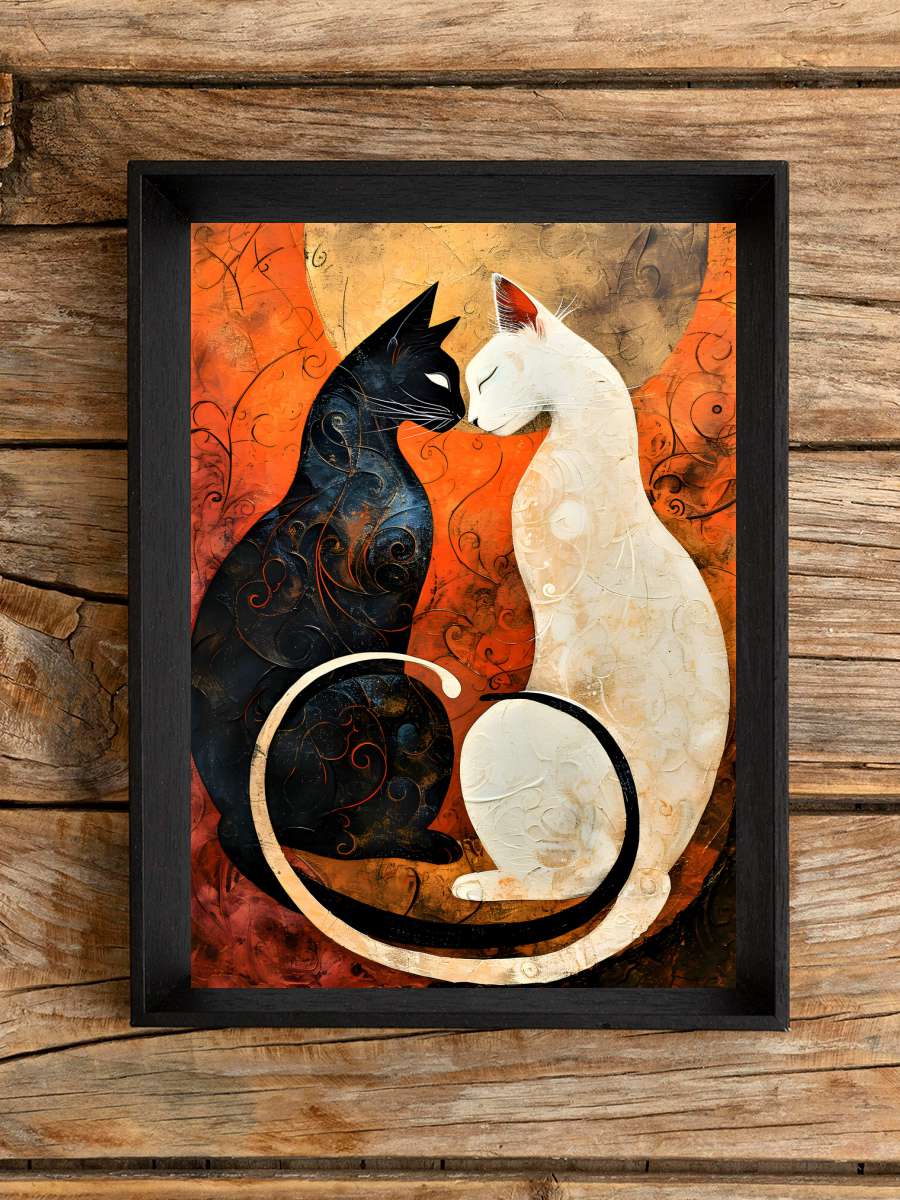 Ying-Yang Black and White Cats… Cats Wall Art Sanatsal Modern Tablo Siyah Çerçeveli Poster Modern Duvar Tablo