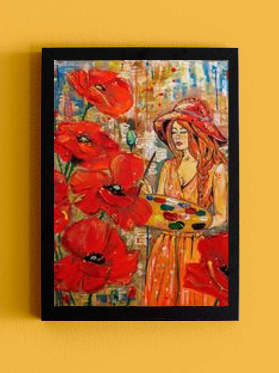 Woman and redpoppies Sanatsal Modern Tablo Siyah Çerçeveli Poster Modern Duvar Tablo