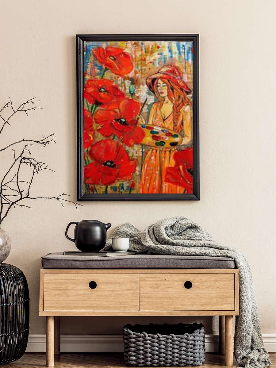 Woman and redpoppies Sanatsal Modern Tablo Siyah Çerçeveli Poster Modern Duvar Tablo