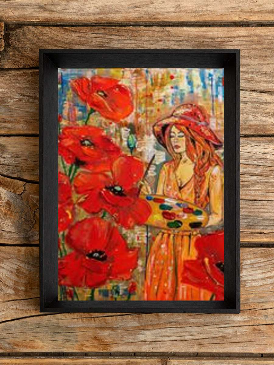 Woman and redpoppies Sanatsal Modern Tablo Siyah Çerçeveli Poster Modern Duvar Tablo