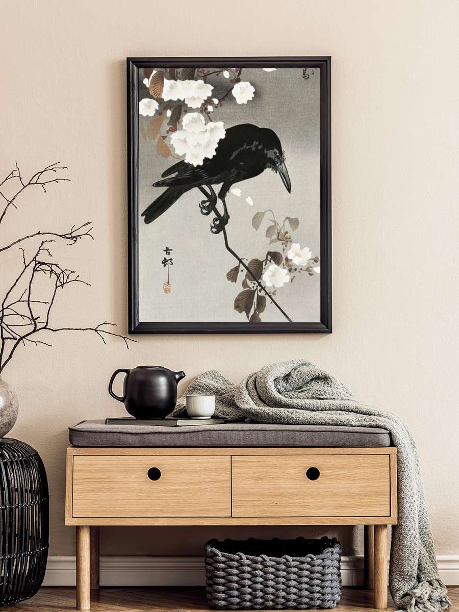 Crow And Cherry Blossom Sanatsal Modern Tablo Siyah Çerçeveli Poster Modern Duvar Tablo