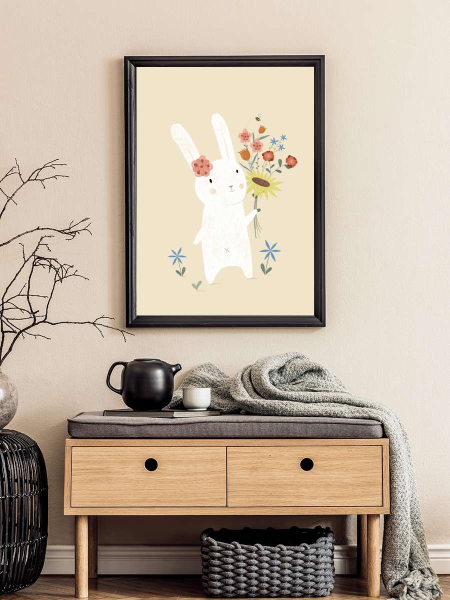 Judith Loske - Flowers Rabbit Çocuk Odası Tablo Siyah Çerçeveli Poster Çocuk Bebek Odası Duvar Tablo