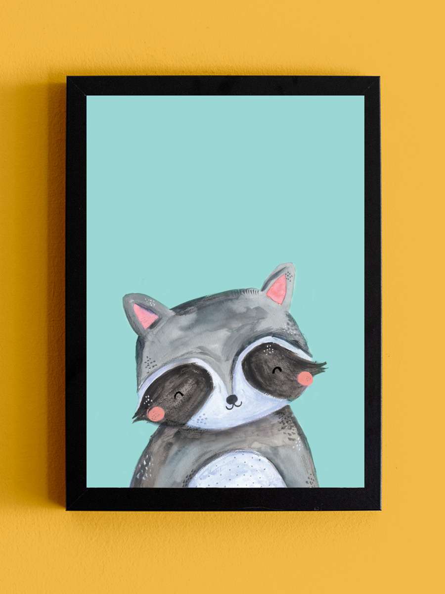 Woodland racoon on mint Çocuk Odası Tablo Siyah Çerçeveli Poster Çocuk Bebek Odası Duvar Tablo