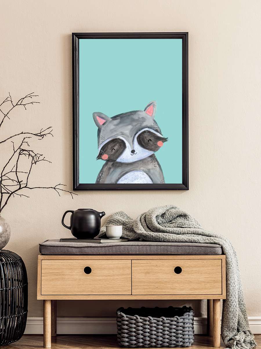 Woodland racoon on mint Çocuk Odası Tablo Siyah Çerçeveli Poster Çocuk Bebek Odası Duvar Tablo