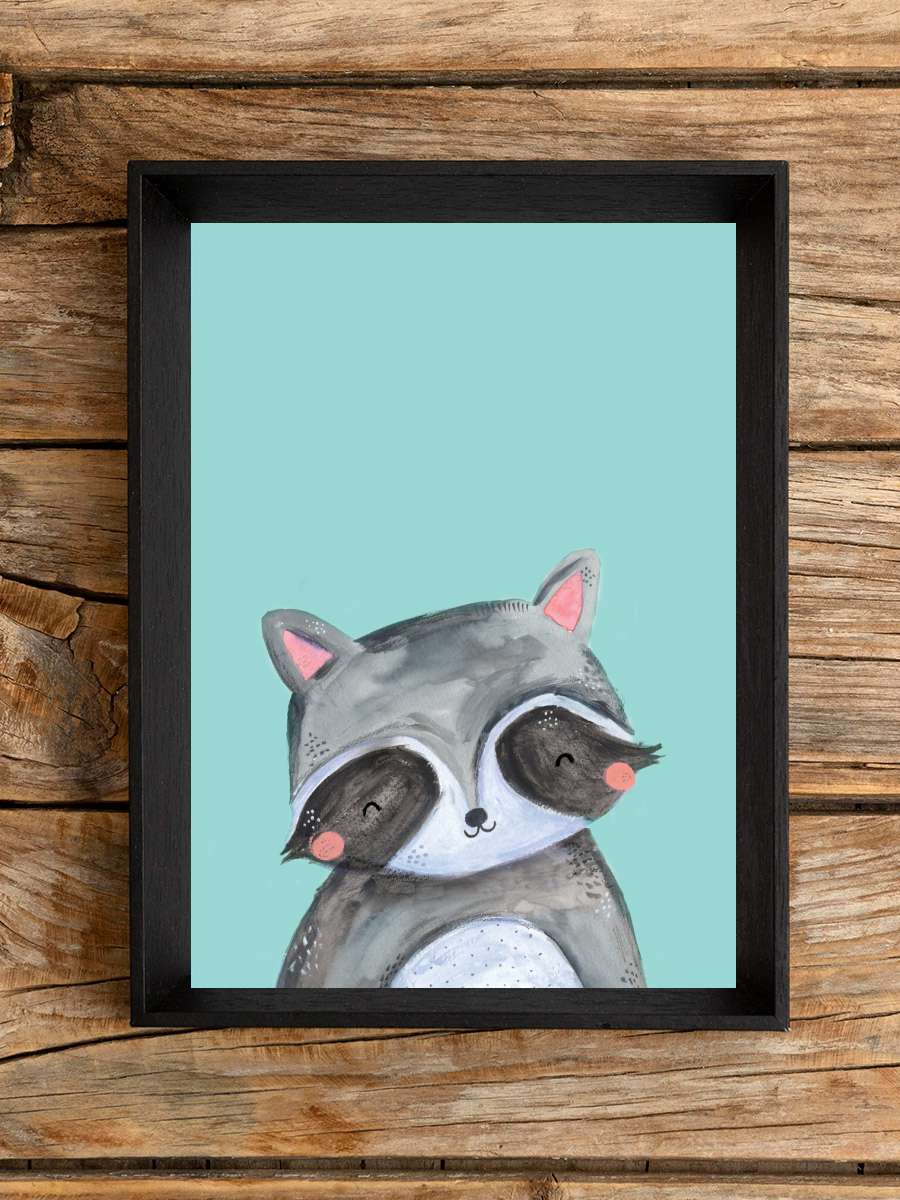 Woodland racoon on mint Çocuk Odası Tablo Siyah Çerçeveli Poster Çocuk Bebek Odası Duvar Tablo