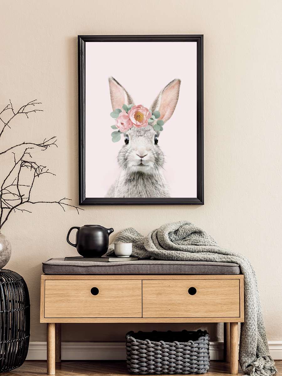 Flower crown bunny pink Çocuk Odası Tablo Siyah Çerçeveli Poster Çocuk Bebek Odası Duvar Tablo