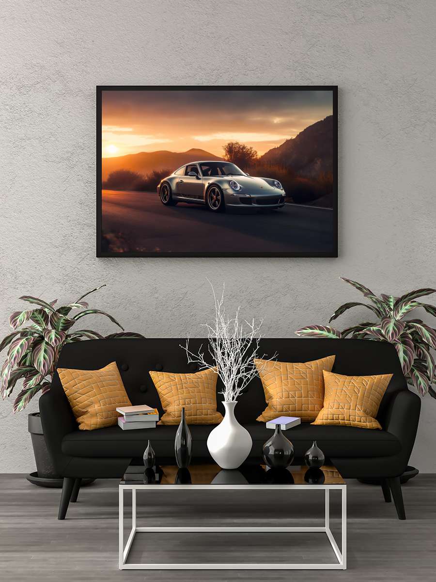 Porsche 911 Car in Sunset Araba Tablo Siyah Çerçeveli Araba Poster Duvar Tablo