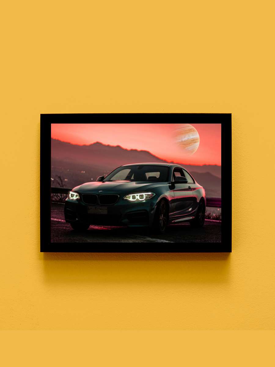 Car in the Sunset with Space… Space Planet Araba Tablo Siyah Çerçeveli Araba Poster Duvar Tablo