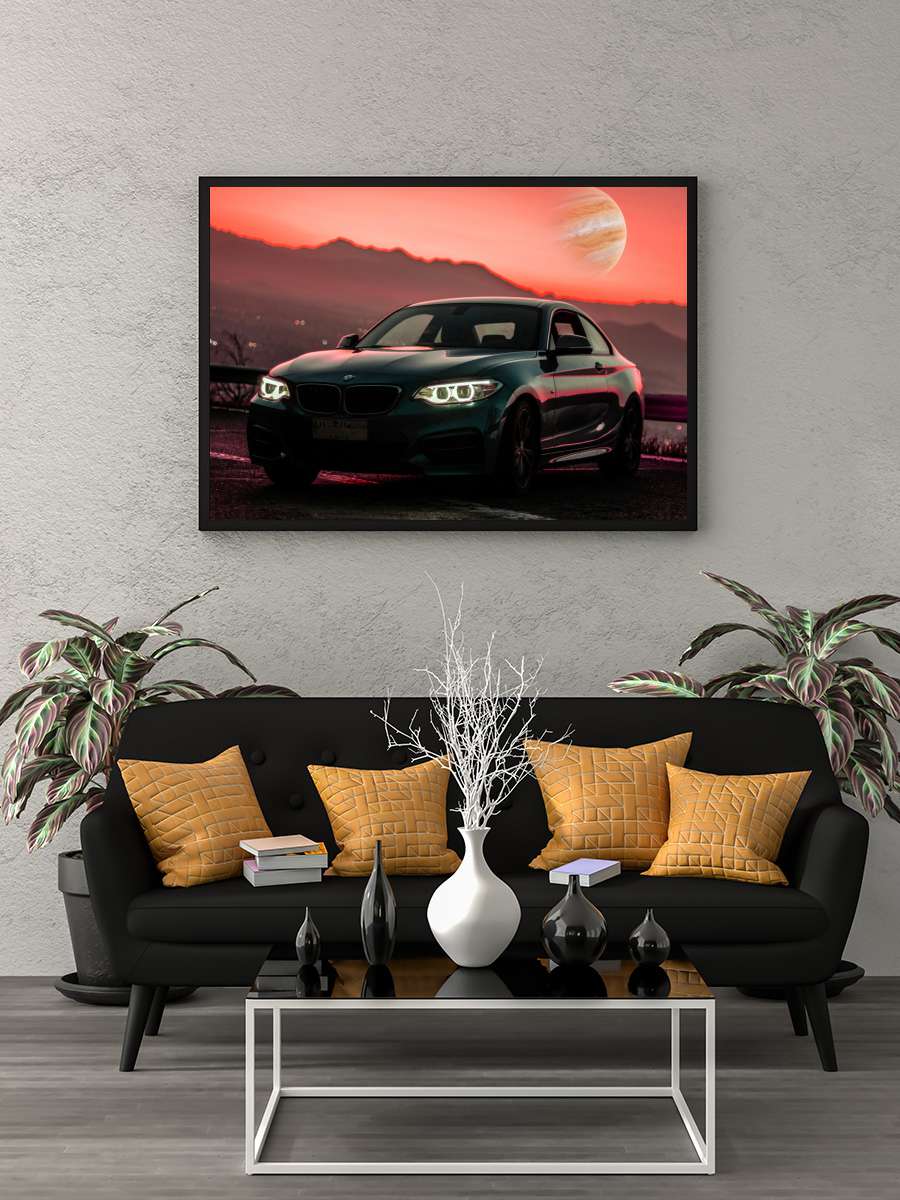 Car in the Sunset with Space… Space Planet Araba Tablo Siyah Çerçeveli Araba Poster Duvar Tablo