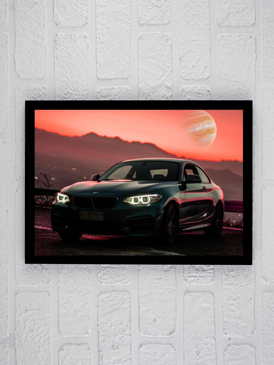 Car in the Sunset with Space… Space Planet Araba Tablo Siyah Çerçeveli Araba Poster Duvar Tablo