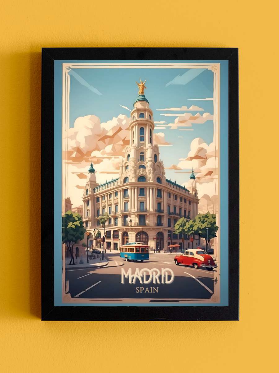 Madrid Vintage Retro Travel Art Araba Tablo Siyah Çerçeveli Araba Poster Duvar Tablo