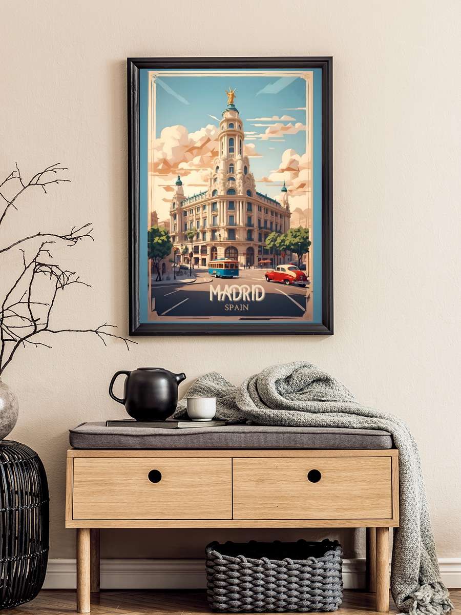 Madrid Vintage Retro Travel Art Araba Tablo Siyah Çerçeveli Araba Poster Duvar Tablo