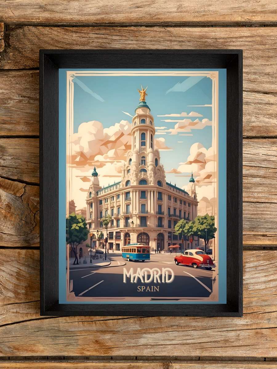 Madrid Vintage Retro Travel Art Araba Tablo Siyah Çerçeveli Araba Poster Duvar Tablo