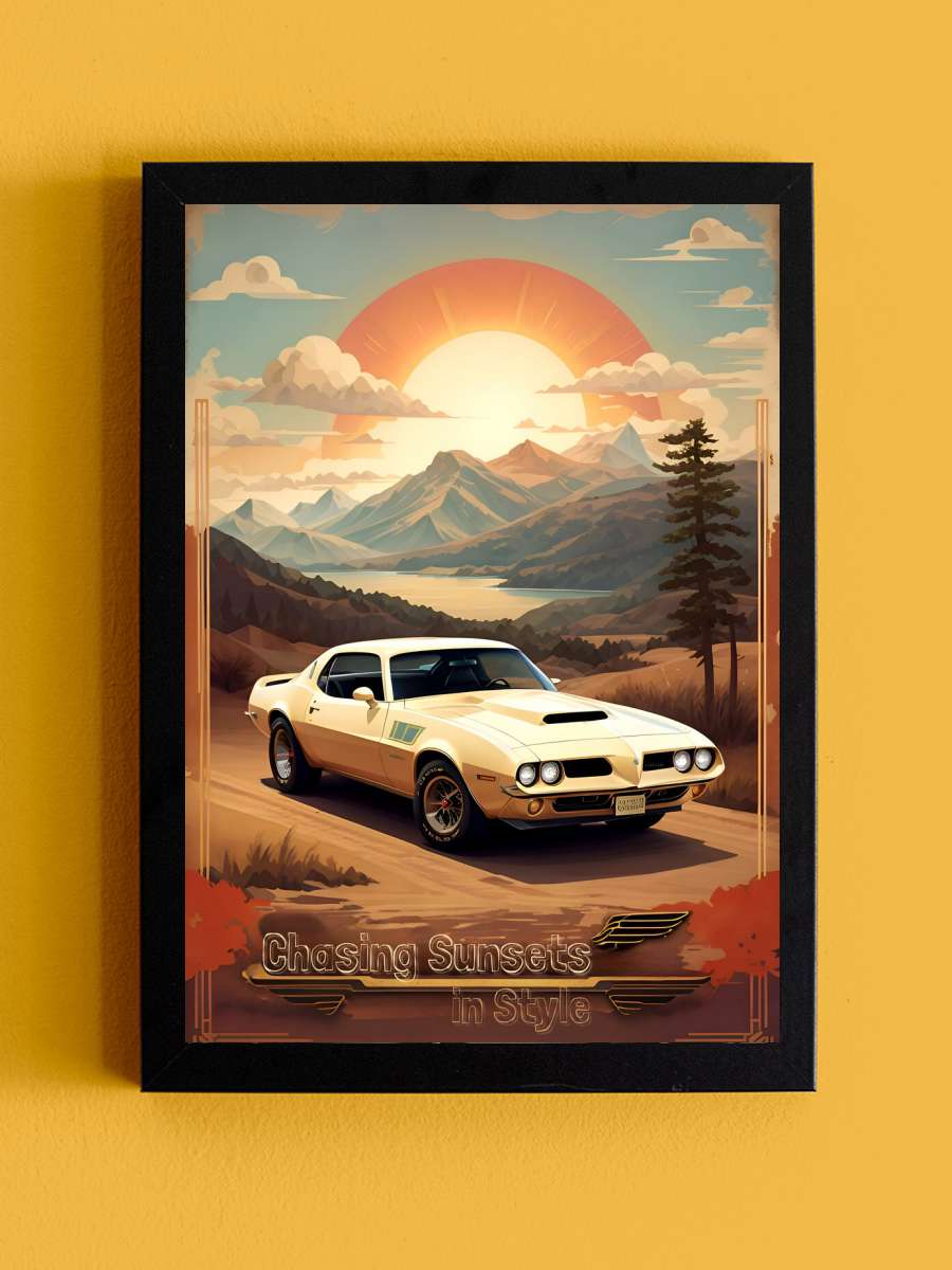 Pontiac Vintage Poster: Chasing… Chasing Sunsets Araba Tablo Siyah Çerçeveli Araba Poster Duvar Tablo