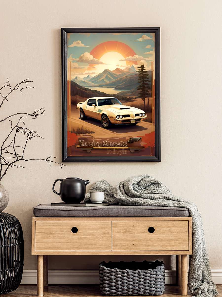 Pontiac Vintage Poster: Chasing… Chasing Sunsets Araba Tablo Siyah Çerçeveli Araba Poster Duvar Tablo