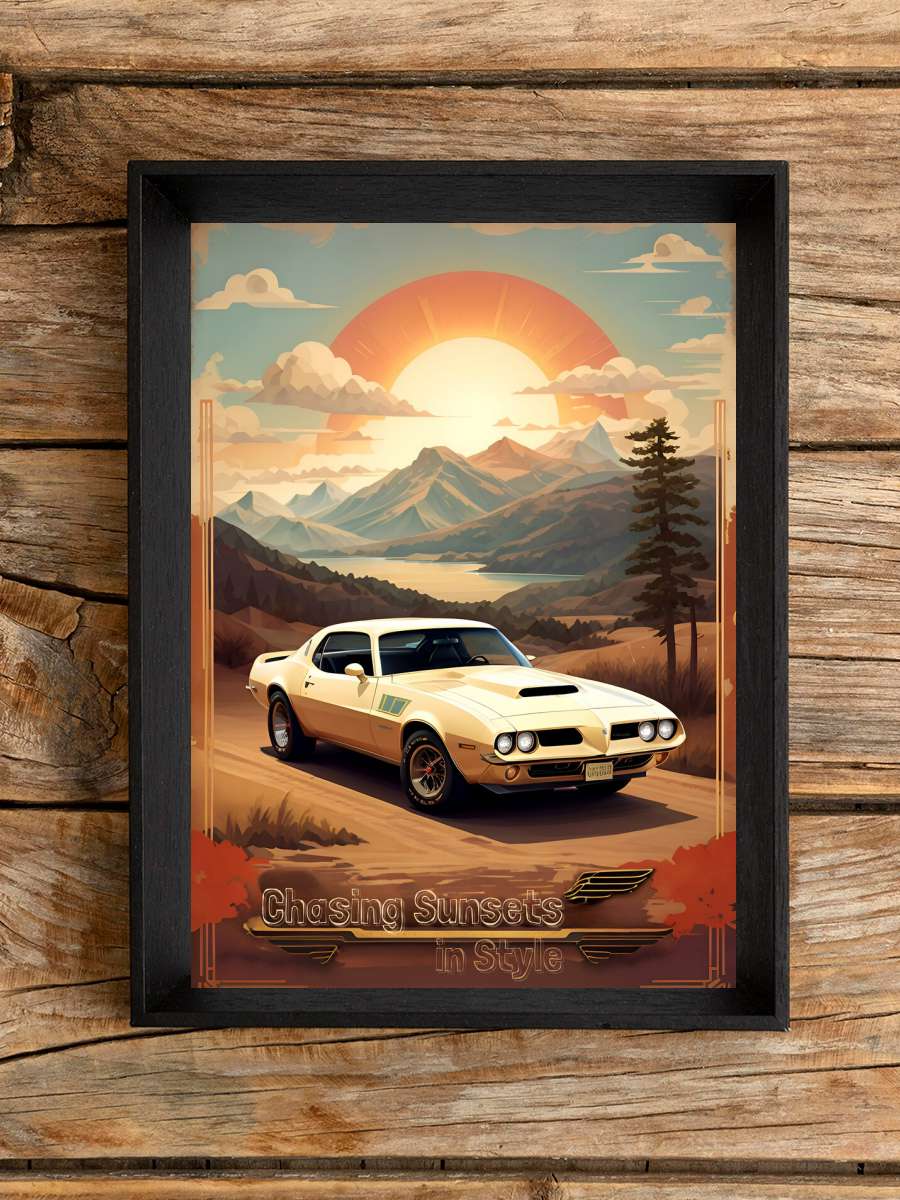 Pontiac Vintage Poster: Chasing… Chasing Sunsets Araba Tablo Siyah Çerçeveli Araba Poster Duvar Tablo