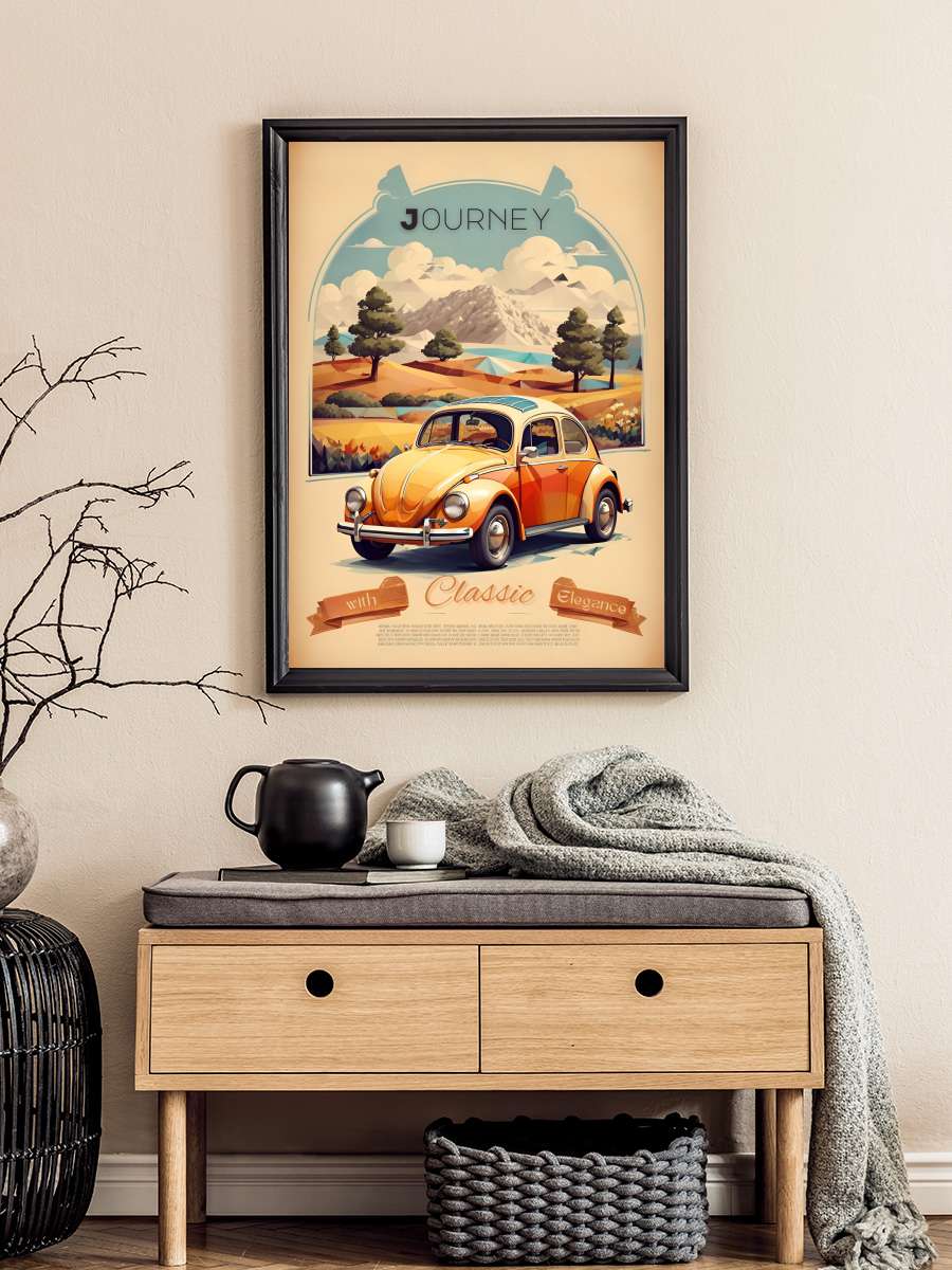 Beetle Vintage Poster: Journey… Journey with Classic Elegance Araba Tablo Siyah Çerçeveli Araba Poster Duvar Tablo