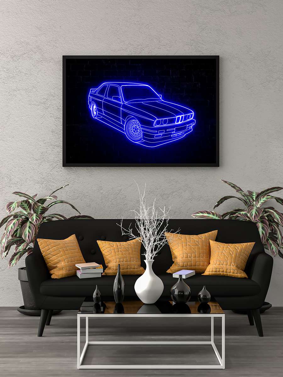 E36 Oldtimer Car Neon Araba Tablo Siyah Çerçeveli Araba Poster Duvar Tablo