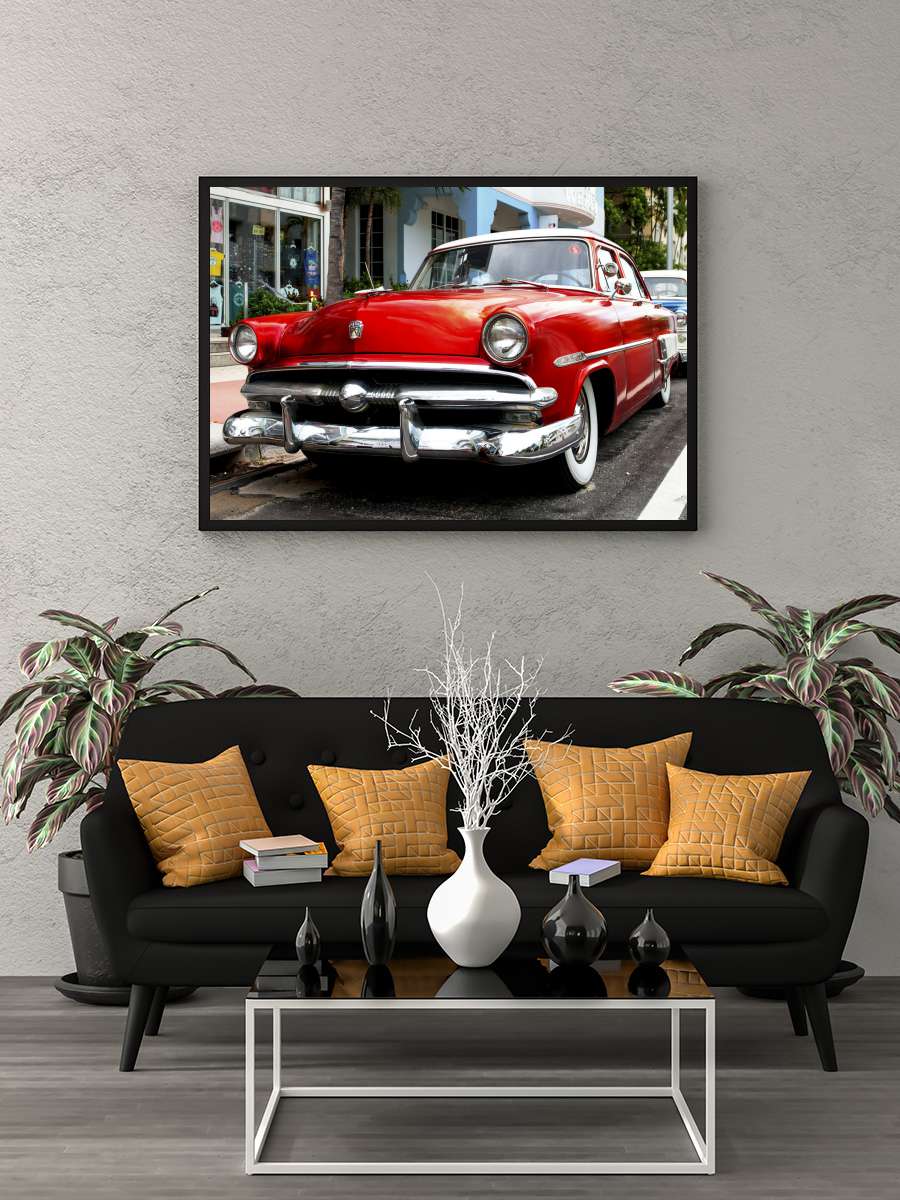 Red Classic Ford Araba Tablo Siyah Çerçeveli Araba Poster Duvar Tablo