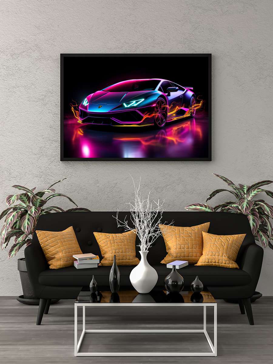 Neon Car  Araba Tablo Siyah Çerçeveli Araba Poster Duvar Tablo